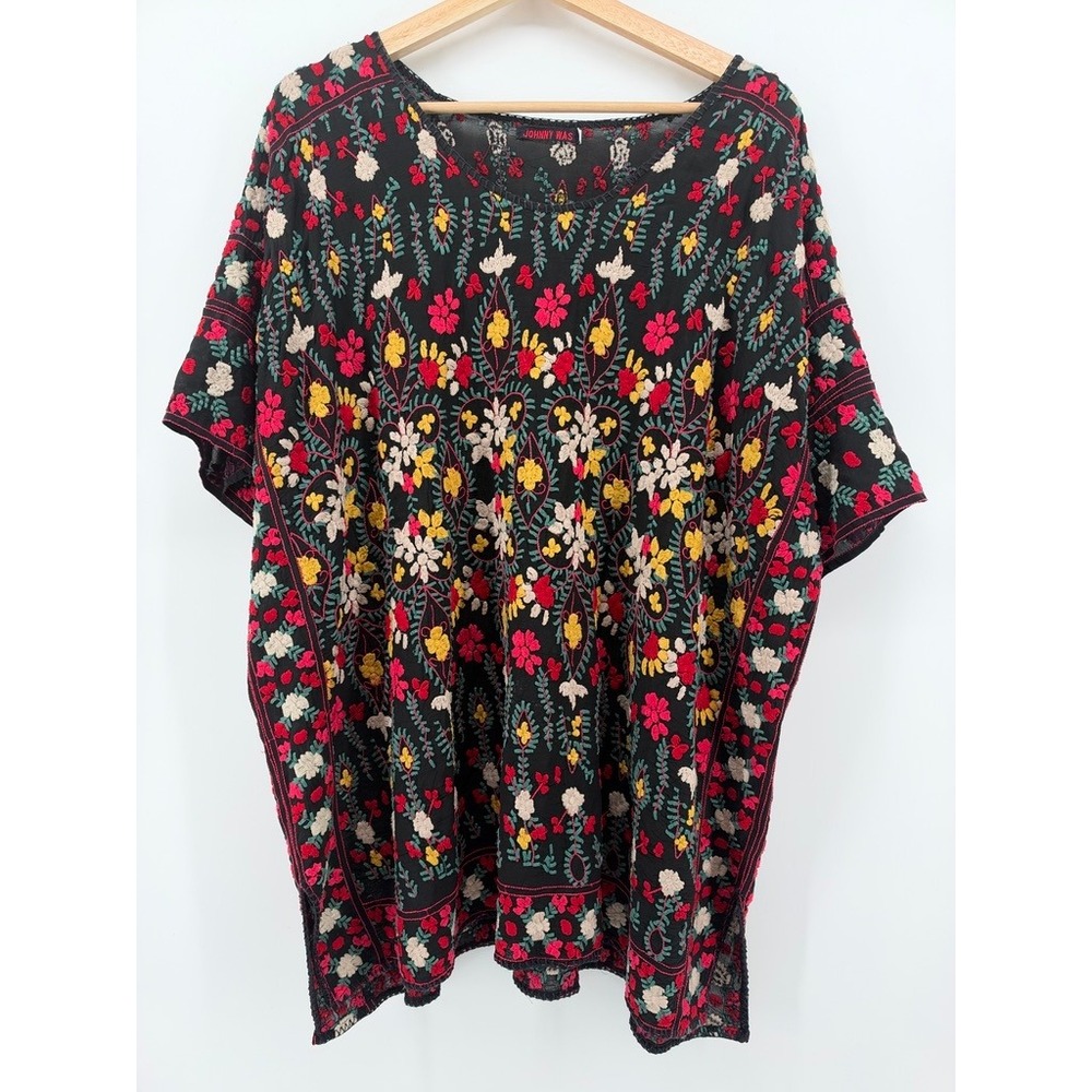 Johnny Was Black Heavily Embroidered Boho Tunic Blouse Top Size XL